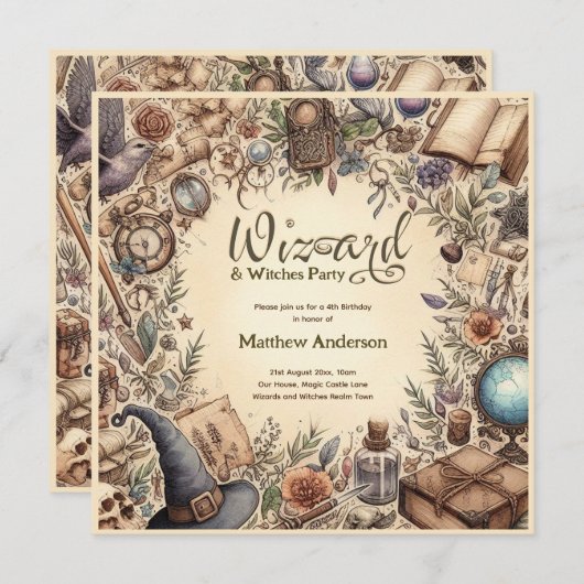 ウィザードウィッチパーティー魔法ヴィンテージワンズハット 招待状 (正面/裏面)