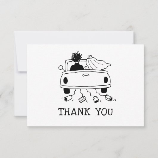 ウィザードウェディング 手描きの落書き 新婚の車 サンキューカード (正面)