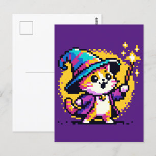 ウィザードキャット – 魔法のピクセルアートファンタジーデザイン ポストカード