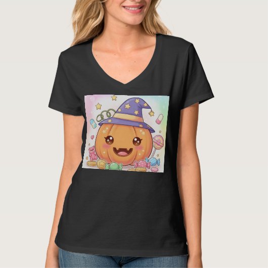 ウィザードハットで微笑むカボチャ Tシャツ (正面)