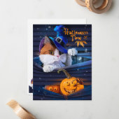 ウィザードハットとハロウィーンカボチャの猫 ノートカード (正面/裏面インサイチュ)