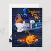 ウィザードハットとハロウィーンカボチャの猫 ノートカード (正面/裏面)