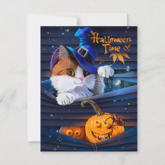 ウィザードハットとハロウィーンカボチャの猫 ノートカード