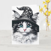 ウィザードハットカラースプラッシュのかわいい魔法の猫 カード (黄色い花)