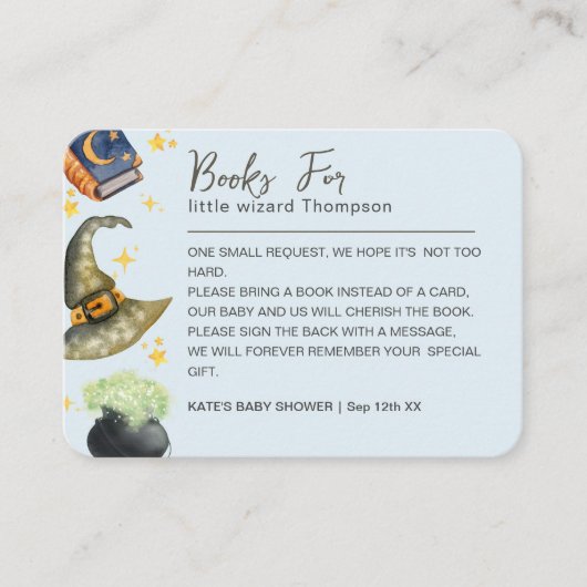 ウィザードハロウィーンボーイブックリクエスト赤ちゃんシャワー エンクロージャーカード (正面)