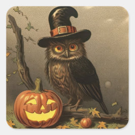 ウィザードフクロウとカボチャランタンハロウィンステッカー スクエアシール