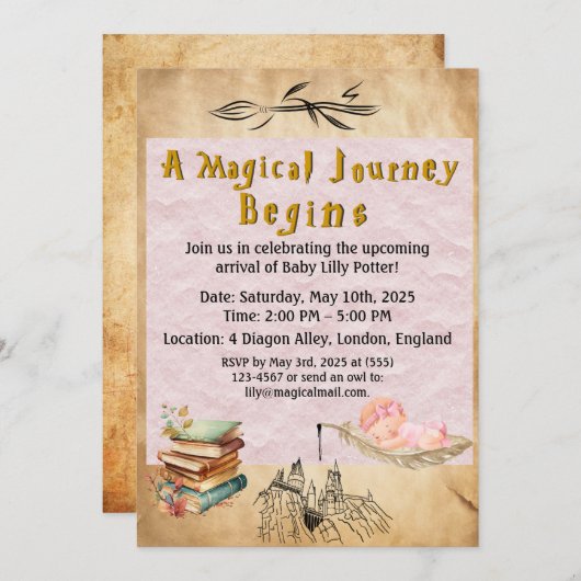 ウィザードベビーシャワー招待状 – 少女 招待状 (正面/裏面)