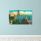 ウィザード島の距離を表示するクレーター湖 キャンバスプリント (インサイチュ (ウッドフロア))