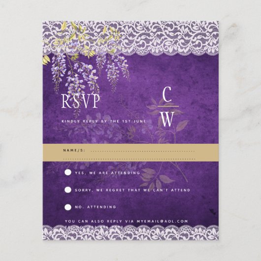 ウィスかわいらしテリアモダンレースパープルウェディングRSVP (正面)
