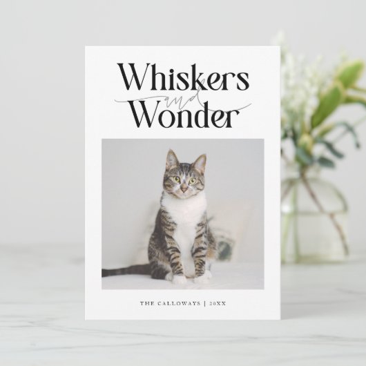 ウィスカーと疑問に思猫の写真ホワイトクリスマス シーズンカード (スタンド正面)