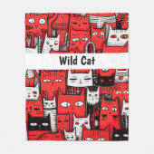 ウィスカーワンダーランド:赤い白の黒の猫好き フリースブランケット (正面)