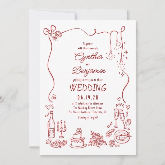 ウィスキカルでクセのあるファンキーな手描きの結婚式 招待状 (正面)