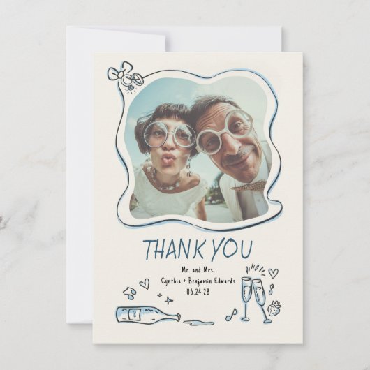 ウィスキカルでファンキーな手描きの結婚式写真 サンキューカード (正面)