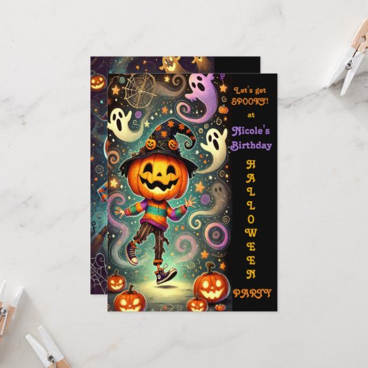 ウィスキカルなカボチャの頭の魔女のハロウィンパーティー 招待状 (正面/裏面インサイチュ)