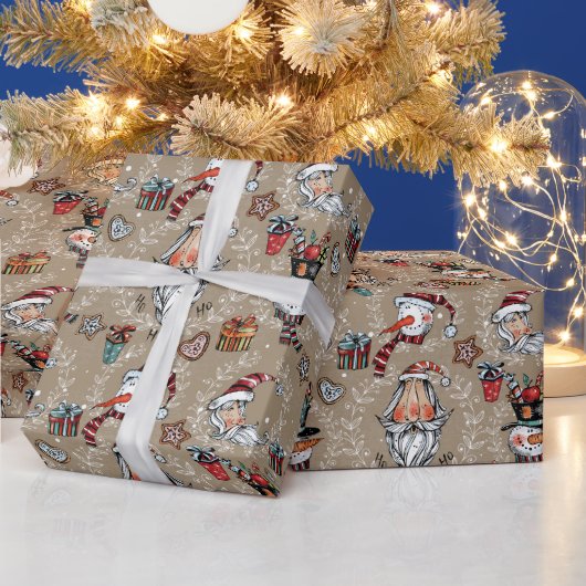 ウィスキカルなクリスマスのサンタと雪だるま  ラッピングペーパー (クリスマス)