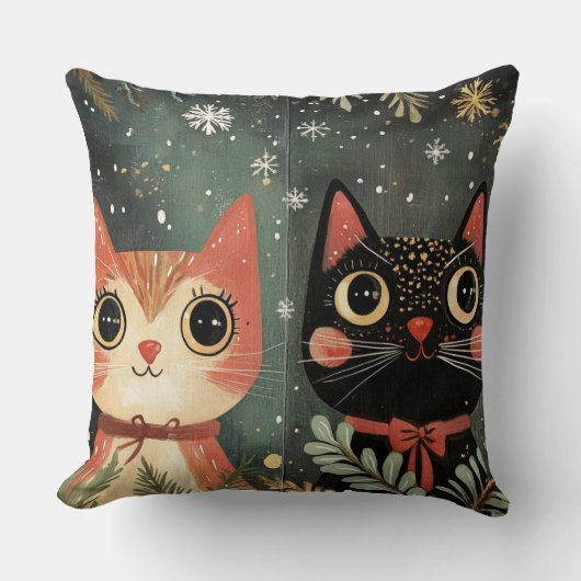 ウィスキカルなクリスマスの猫のクッション – ビンテージの冬の景色 クッション (正面)