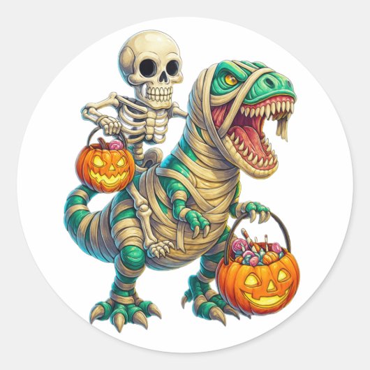 ウィスキカルなスケルトンのミイラT-Rexハロウィン ラウンドシール (正面)