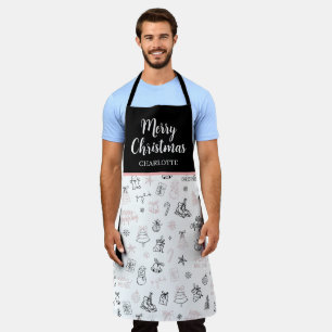 ウィスキカルな手描きのドット柄 クリスマス ピンク ブラック エプロン