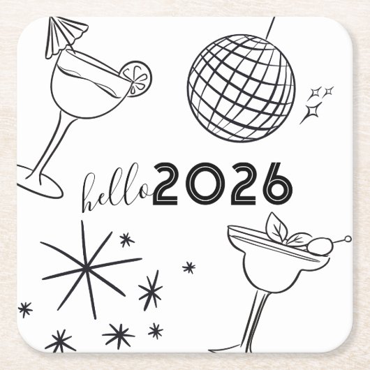 ウィスキカルな落書きのヘロー 2026年新年 ゴールド スクエアペーパーコースター (正面)