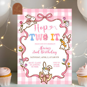 ウィスキカル ピンク ギンガム うさぎ Hop TWO it 2歳 誕生日 招待状