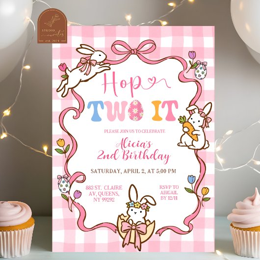 ウィスキカル ピンク ギンガム うさぎ Hop TWO it 2歳 誕生日 招待状