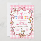 ウィスキカル ピンク ギンガム うさぎ Hop TWO it 2歳 誕生日 招待状 (正面)