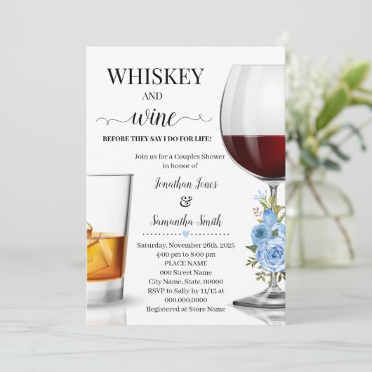 ウィスキーとワインを飲む前に私はウェディングシャワーブルー 招待状 (スタンド正面)