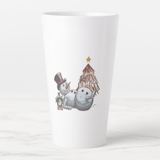 ウィスキーの瓶を持つ泥酔した雪だるま カフェラテマグ (正面)
