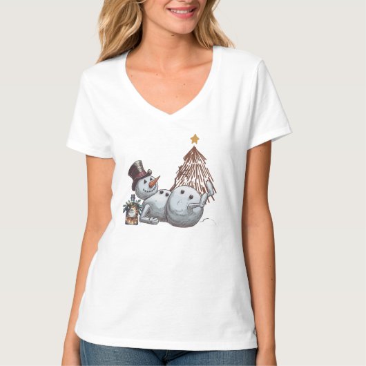 ウィスキーの瓶を持つ泥酔した雪だるま Tシャツ (正面)