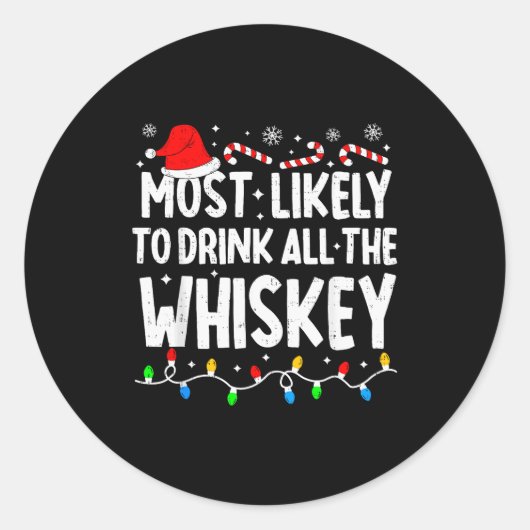 ウィスキーを飲み干しそうなクリスマスの仲間たち ラウンドシール (正面)