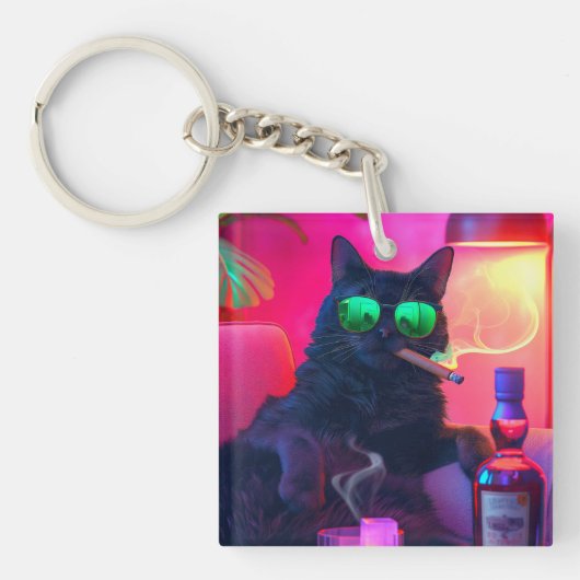ウィスキーを飲む紳士猫 | おもしろいバー キーホルダー (正面)