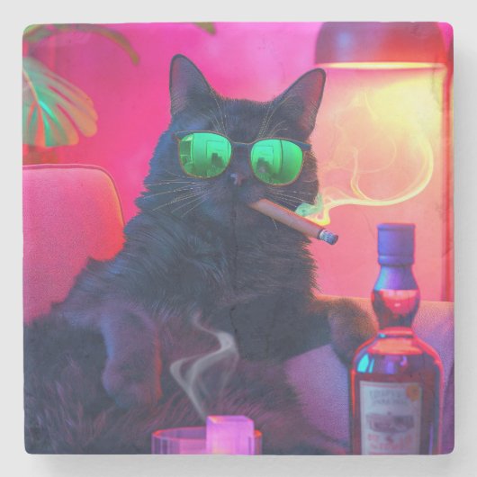 ウィスキーを飲む紳士猫 | おもしろいバー ストーンコースター (正面)