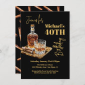 ウィスキーバーボンとシガー誕生日金ゴールドトレイ 招待状 (正面/裏面)