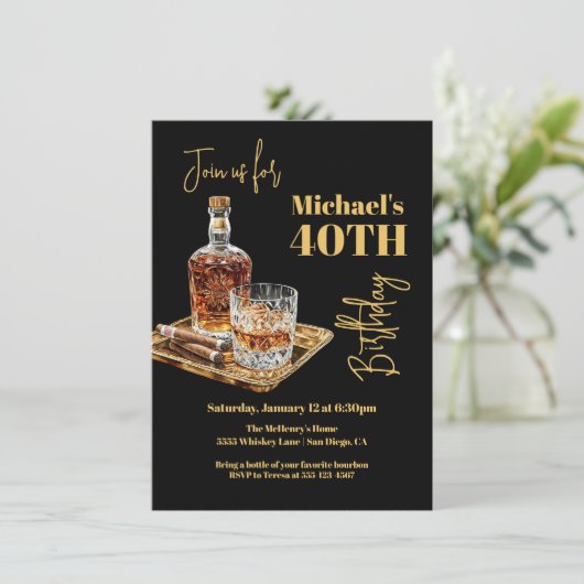 ウィスキーバーボンとシガー誕生日金ゴールドトレイ 招待状 (スタンド正面)