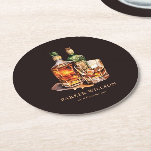 ウィスキーパーソナライズされたメンズ誕生日 ラウンドペーパーコースター (アングル)