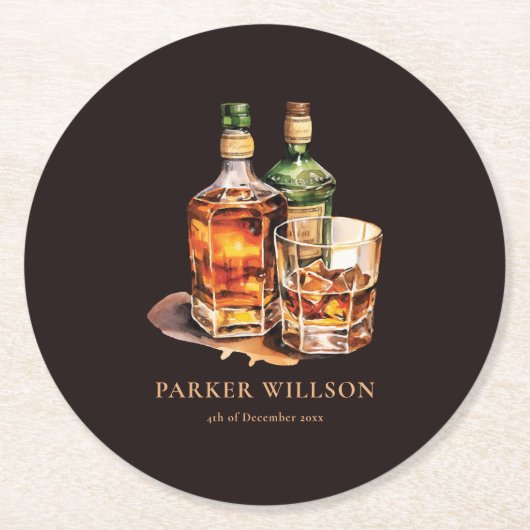 ウィスキーパーソナライズされたメンズ誕生日 ラウンドペーパーコースター (正面)