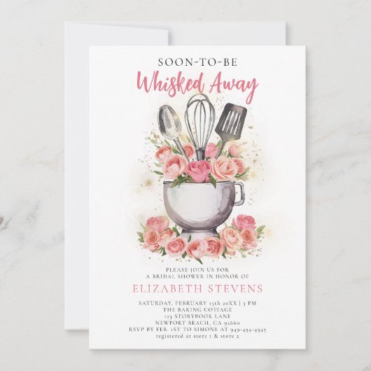 ウィスク遠くにベーキングミキサーボウルバラブライダルシャワー 招待状 (正面)