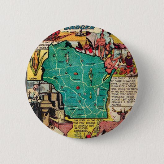 ウィスコンシンの地図および事実 缶バッジ (正面)