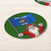 ウィスコンシンの看板を持つサンタクロース ラウンドペーパーコースター (アングル)