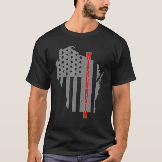 ウィスコンシンアメリカ国旗の地図プライド愛国的な4位 Tシャツ (正面)