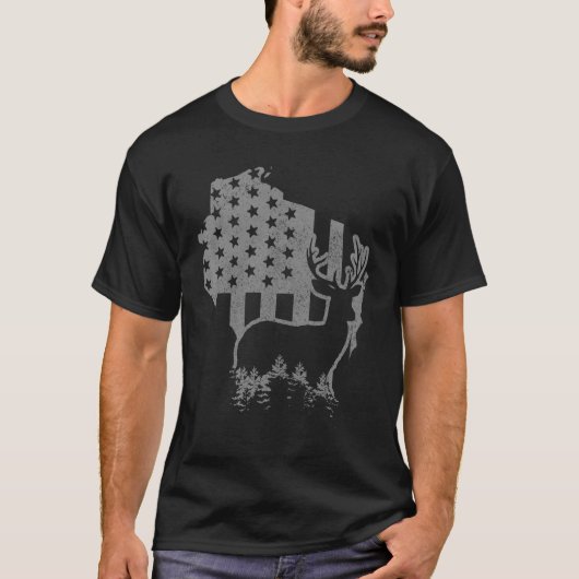 ウィスコンシンエルク狩り州マップ米国国旗の愛国心 Tシャツ (正面)