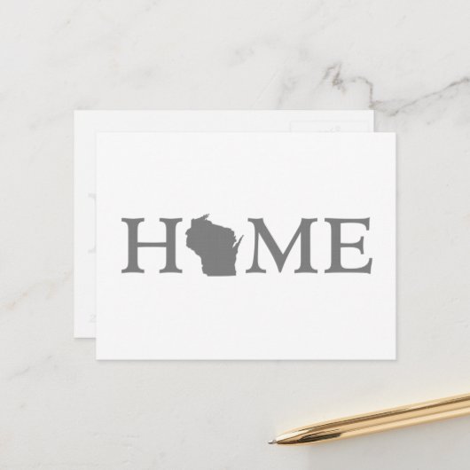 ウィスコンシンホーム州型文字グレーワードアート ポストカード (正面/裏面インサイチュ)