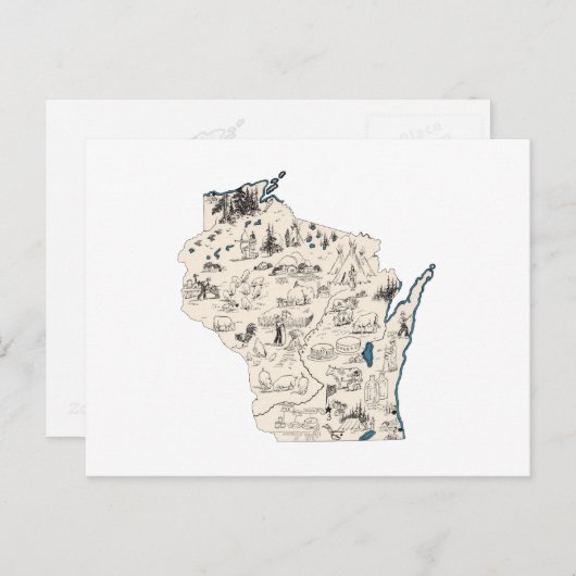 ウィスコンシンヴィンテージ写真マップアンティーク州図 ポストカード (正面/裏面)