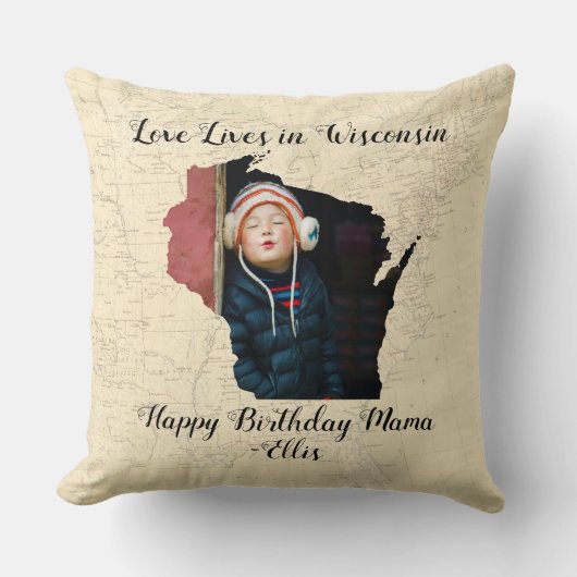 ウィスコンシン州に住む古い地図州の形をした写真 クッション (正面)