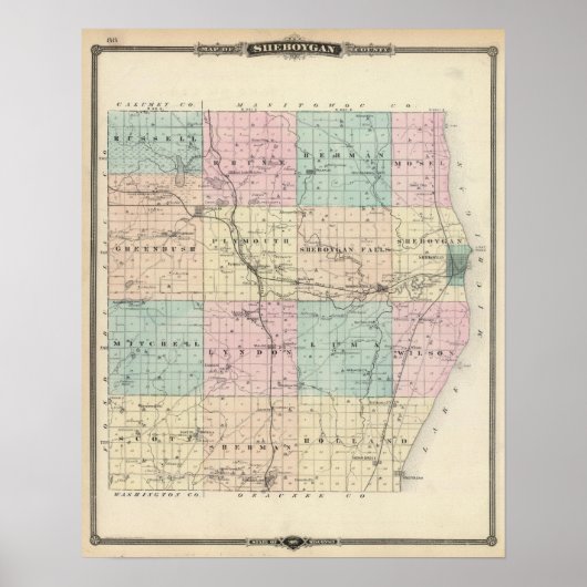 ウィスコンシン州のシーボイガン郡の州の地図 ポスター (正面)