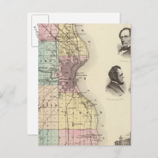ウィスコンシン州の州、ミルウォーキー県の地図 ポストカード (正面/裏面)