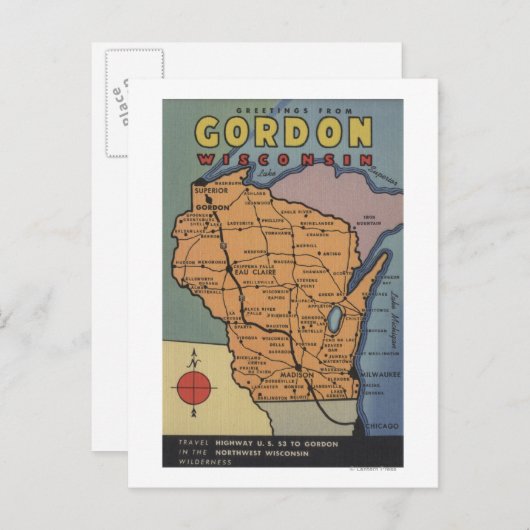 ウィスコンシン州ゴードン – 大きな文字のシーン ポストカード (正面/裏面)