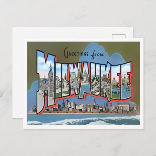 ウィスコンシン州ミルウォーキーヴィンテージビッグ・レター ポストカード (正面/裏面)