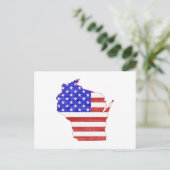 ウィスコンシン州地図と愛国的なアメリカ国旗 ポストカード (スタンド正面)