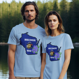 ウィスコンシン州旗と花共通ブルーバイオレット Tシャツ